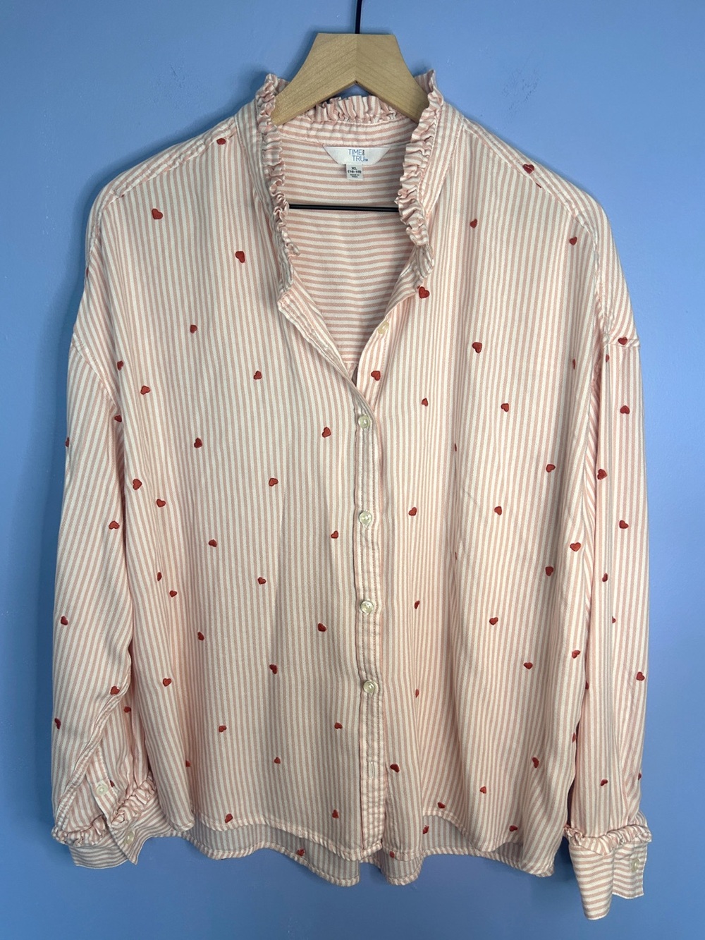 Striped Pink & White Ruffle Collar Button-Up Blouse with Red Embroidered Hearts